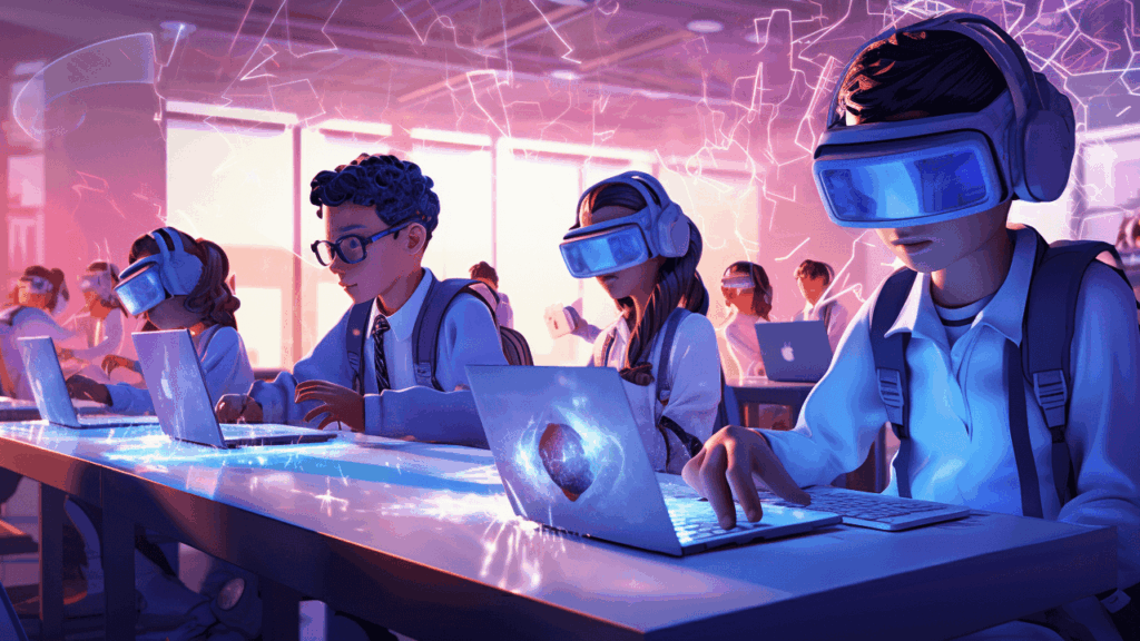 Metaverse in Educational Applications a group of kids wearing virtual reality goggles